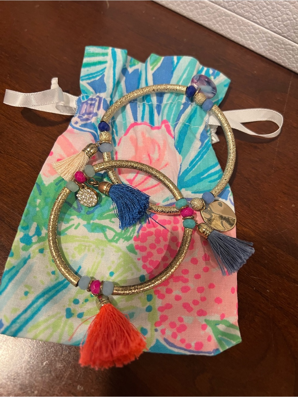 Lilly Pulitzer Gold Hoop Bracelets with Pink, Blue, Orange Tassels